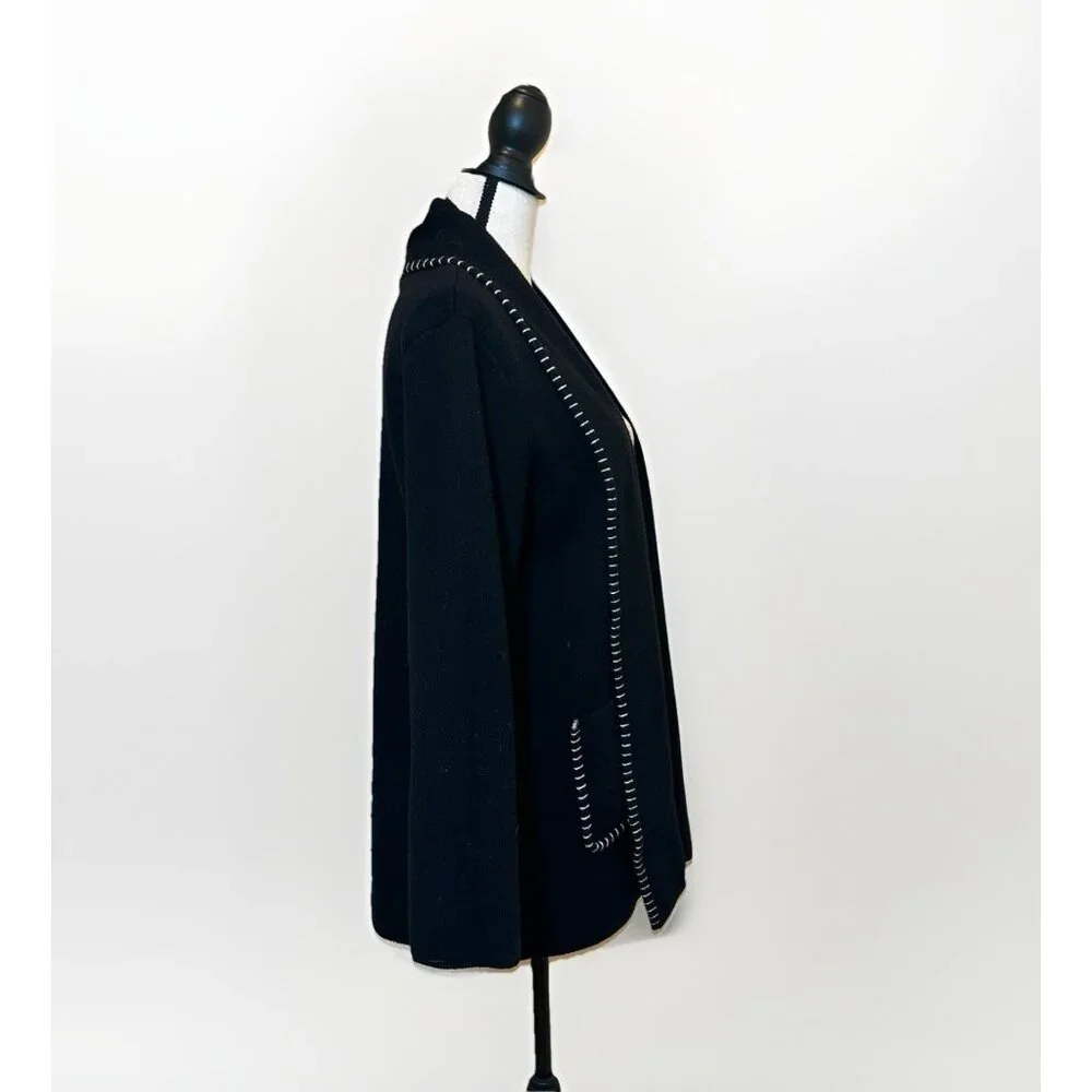 Magaschoni Sweater Women’s Large Black Cardigan White Stitch Trim Front Pockets - Picture 4 of 9